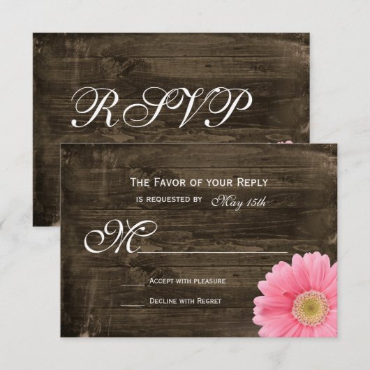 Rustic Barn Wood Pink Daisy Wedding RSVP-kaarten RSVP Kaartje (Voorkant / Achterkant)