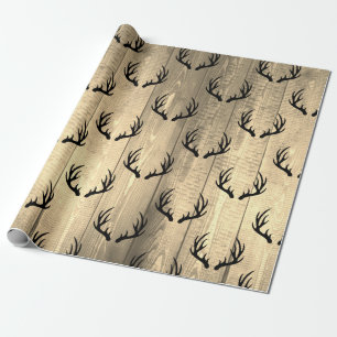 Rustic Barn Wood Planks & Black Deer Antlers Cadeaupapier