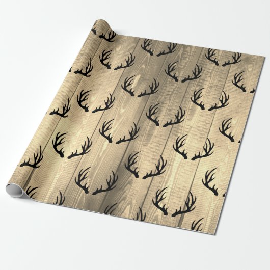 Rustic Barn Wood Planks & Black Deer Antlers Cadeaupapier (Uitgerold)