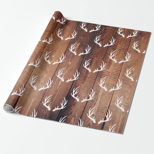 Rustic Barn Wood Planks & White Deer Antlers Cadeaupapier (Uitgerold)