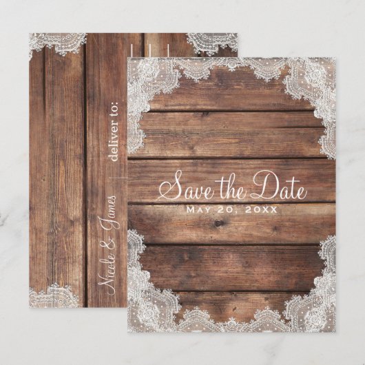 Rustic Barn Wood Romantic Lace Save the Date Aankondigingskaart (Voorkant / Achterkant)