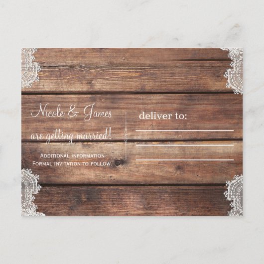Rustic Barn Wood Romantic Lace Save the Date Aankondigingskaart (Achterkant)