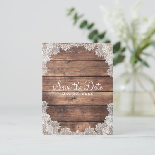 Rustic Barn Wood Romantic Lace Save the Date Aankondigingskaart (Staand voorkant)