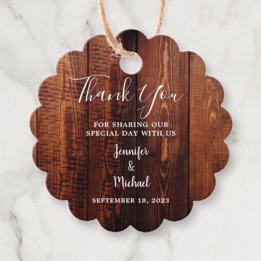 Rustic barn wood script country Wedding Bedankt Bedankjes Labels (Voorkant)