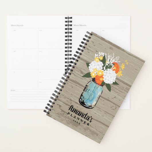 Rustic Barn Wood Sinaasappel Gerber Daisy Mason Ja Planner (Display)