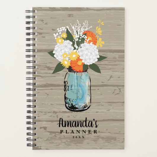 Rustic Barn Wood Sinaasappel Gerber Daisy Mason Ja Planner (Voorkant)