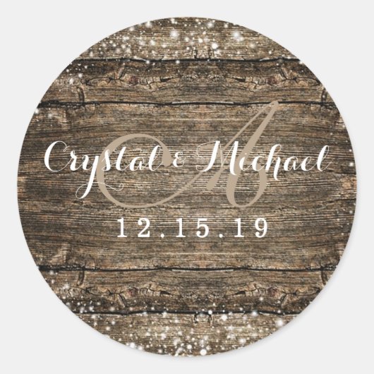 Rustic Barn Wood Snowflakes Winter Weddenschap Ronde Sticker (Voorkant)