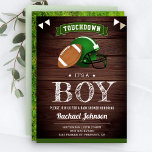 Rustic Barn Wood Sports Boy Football Baby shower Kaart<br><div class="desc">Verrijk je gasten met dit football thema baby shower met een amerikaans football en een sporthelm met moderne typografie tegen een rustige houten achtergrond. Voeg eenvoudig uw gebeurtenisdetails op deze makkelijk te gebruiken sjabloon toe om het één-van-een-soort uitnodiging te maken. Draai de kaart om een mooie groene grastextuur op de...</div>