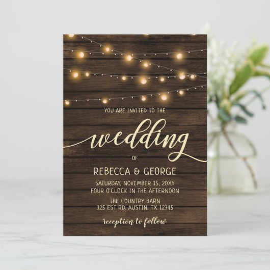 Rustic Barn Wood String-lampjes Weddenschappen Kaart (Staand voorkant)