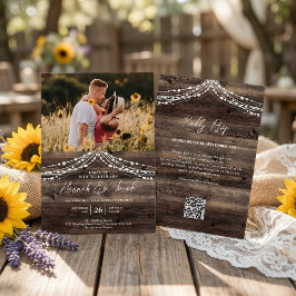 Rustic Barn Wood String Light QR Code RSVP Weddens Kaart