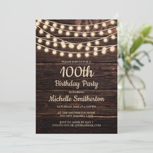Rustic Barn Wood String Lights 100th Birthday Invi Kaart (Staand voorkant)
