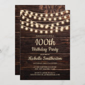 Rustic Barn Wood String Lights 100th Birthday Invi Kaart (Voorkant / Achterkant)