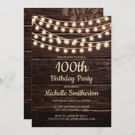 Rustic Barn Wood String Lights 100th Birthday Invi Kaart (Voorkant / Achterkant)
