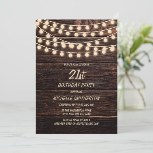 Rustic Barn Wood String Lights 21st Birthday Kaart (Staand voorkant)