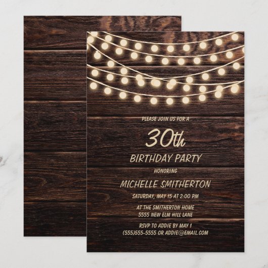 Rustic Barn Wood String Lights 30th Birthday Kaart (Voorkant / Achterkant)