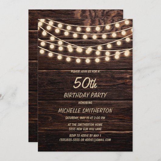 Rustic Barn Wood String Lights 50th Birthday Kaart (Voorkant / Achterkant)