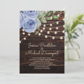 Rustic Barn Wood String Lights Blue Floral Wedding Kaart (Staand voorkant)