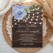 Rustic Barn Wood String Lights Blue Floral Wedding Kaart