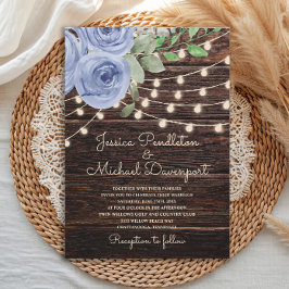 Rustic Barn Wood String Lights Blue Floral Wedding Kaart