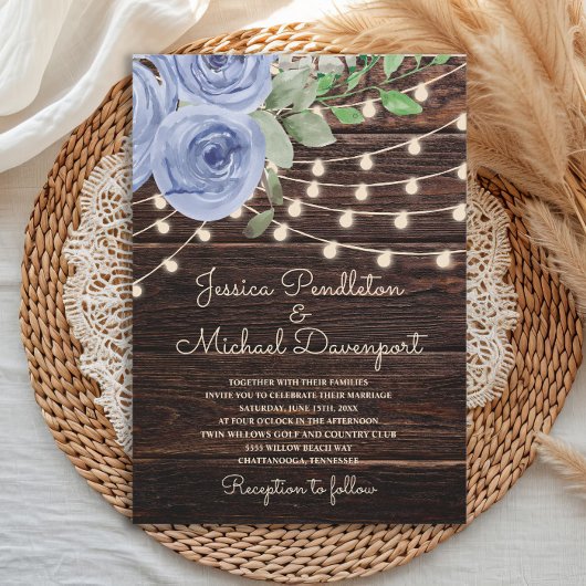 Rustic Barn Wood String Lights Blue Floral Wedding Kaart