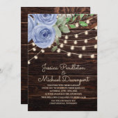 Rustic Barn Wood String Lights Blue Floral Wedding Kaart (Voorkant / Achterkant)