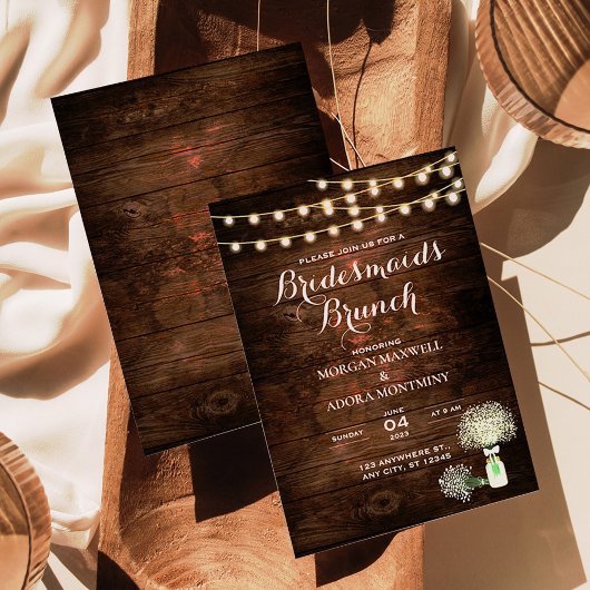 Rustic Barn Wood String Lights Bridesmaids Brunch Kaart