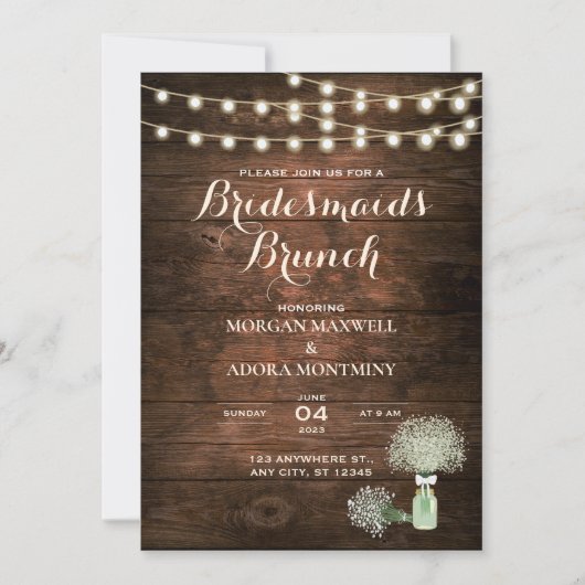Rustic Barn Wood String Lights Bridesmaids Brunch Kaart (Voorkant)