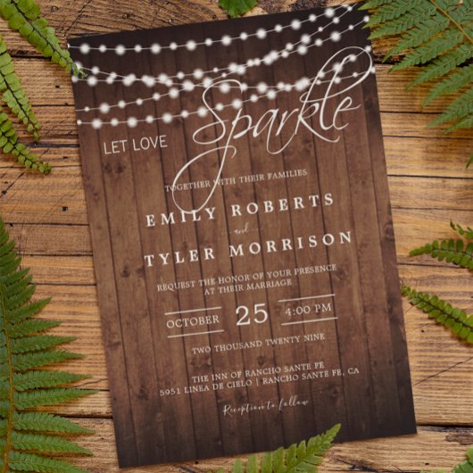 Rustic Barn Wood String Lights Evening Wedding Kaart