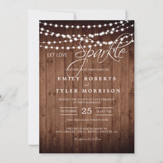 Rustic Barn Wood String Lights Evening Wedding Kaart (Voorkant)