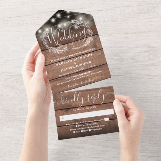 Rustic Barn Wood String Lights Floral Weddenschap All In One Uitnodiging (Afscheurbaar)