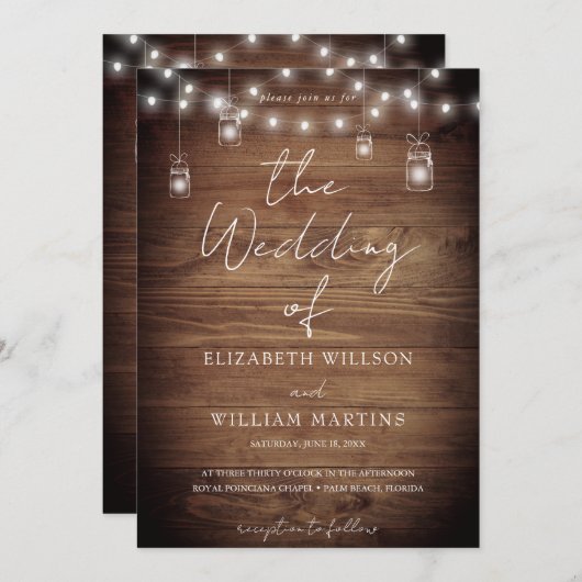 Rustic Barn Wood String Lights in één bruiloft Kaart (Voorkant / Achterkant)