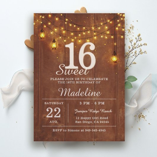 Rustic Barn Wood String Lights Lanterns Sweet 16 Kaart