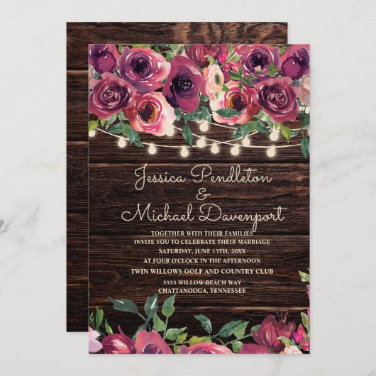 Rustic Barn Wood String Lights Paarse Floral Kaart (Voorkant / Achterkant)