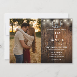 Rustic Barn Wood String Lights Photo Wedding Kaart