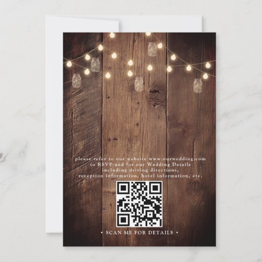 Rustic Barn Wood String Lights QR Code Wedding Kaart (Achterkant)