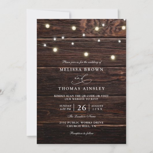 Rustic Barn Wood String Lights QR Code Wedding Kaart (Voorkant)
