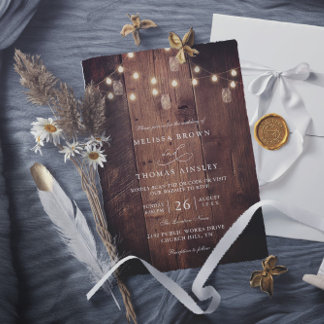 Rustic Barn Wood String Lights QR Code Wedding Kaart