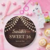 Rustic Barn Wood String Lights Sweet 16 Name Date Papieren Bordje (Feest)