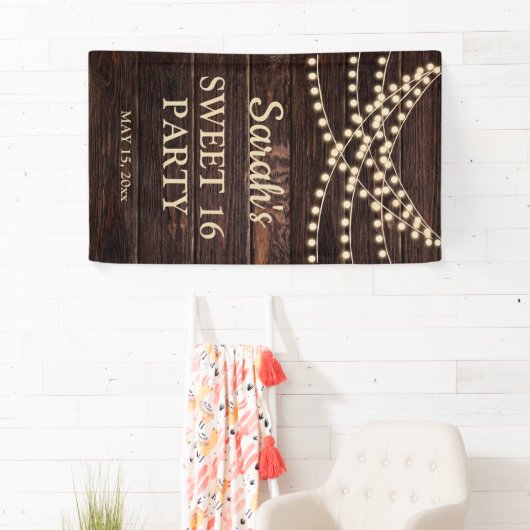 Rustic Barn Wood String Lights Sweet 16 Name Date Spandoek (Insitu)