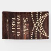 Rustic Barn Wood String Lights Sweet 16 Name Date Spandoek (Horizontaal)