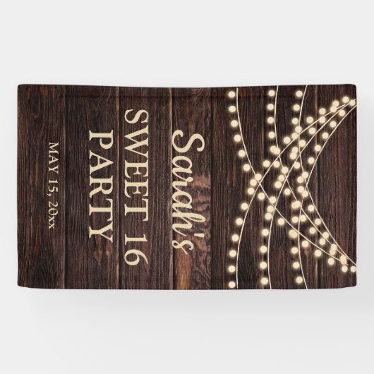 Rustic Barn Wood String Lights Sweet 16 Name Date Spandoek (Horizontaal)