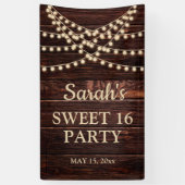 Rustic Barn Wood String Lights Sweet 16 Name Date Spandoek (Verticaal)