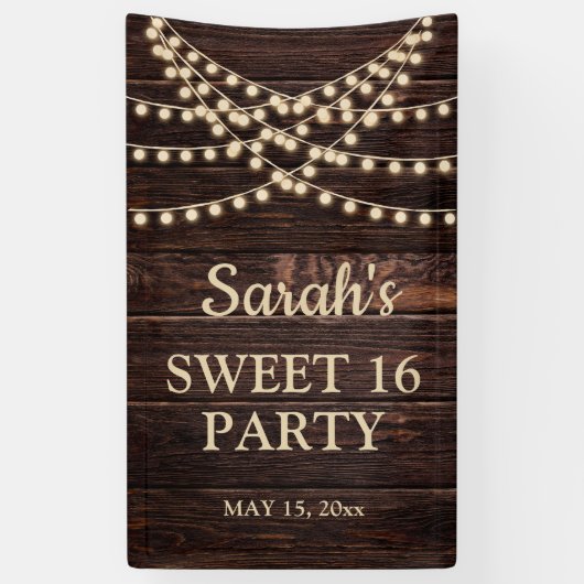 Rustic Barn Wood String Lights Sweet 16 Name Date Spandoek (Verticaal)
