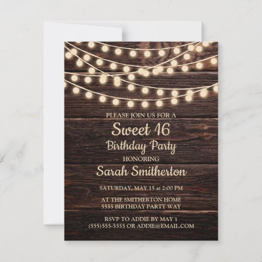 Rustic Barn Wood String Lights Sweet 16 Uitnodigin Kaart (Voorkant)