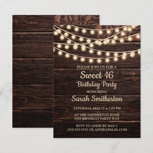 Rustic Barn Wood String Lights Sweet 16 Uitnodigin Kaart (Voorkant / Achterkant)