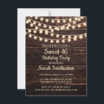 Rustic Barn Wood String Lights Sweet 16 Uitnodigin Kaart<br><div class="desc">Sweet 16 verjaardagsfeestuitnodiging met een rustige donkerbruine achtergrond van hout met schors en jumelende snaarlichten</div>