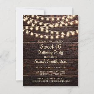 Rustic Barn Wood String Lights Sweet 16 Uitnodigin Kaart