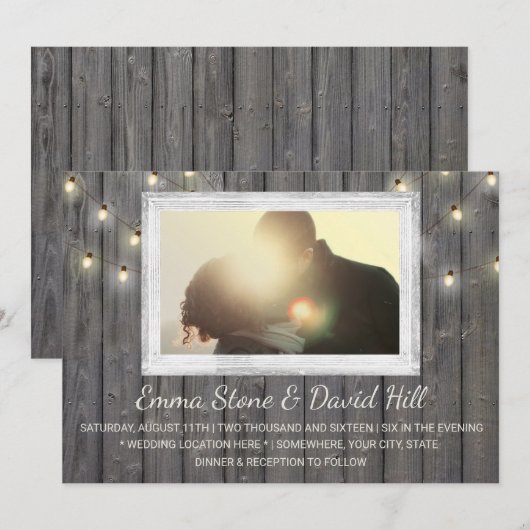 Rustic Barn Wood String Lights Weddenfoto Kaart (Voorkant / Achterkant)