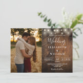 Rustic Barn Wood String Lights Weddenfoto Kaart (Staand voorkant)