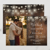 Rustic Barn Wood String Lights Weddenfoto Kaart (Voorkant / Achterkant)